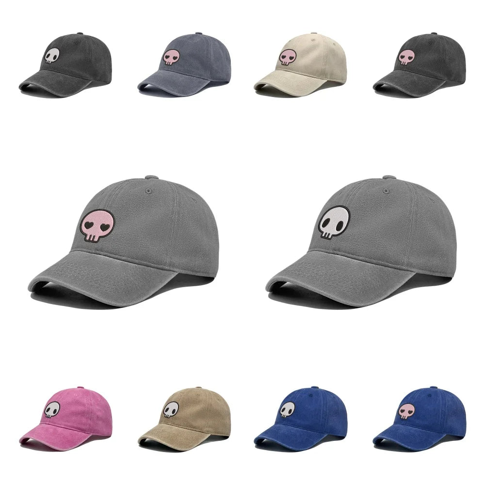 Retro-Baseballkappe im Washed-Distressed-Look mit Totenkopf-Stickerei, Dad-Hat für Damen und Herren, lässige, verstellbare Outdoor-Sonnenkappe 260617