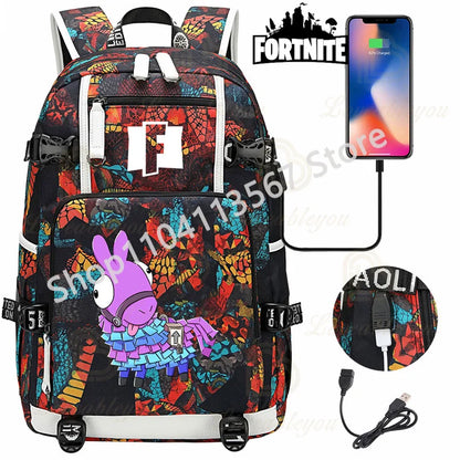 Red Jade F-Fortnited Battle Royale Backpack with USB Charging Anime Figures Study Stationery Compartment for Students Mochila