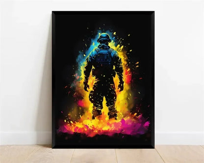 Póster Néon de Personagem de Videojogo com Gamepad, Auscultadores, Futebol e Basquetebol em Tela — Arte de Parede para Decoração de Quarto Gaming