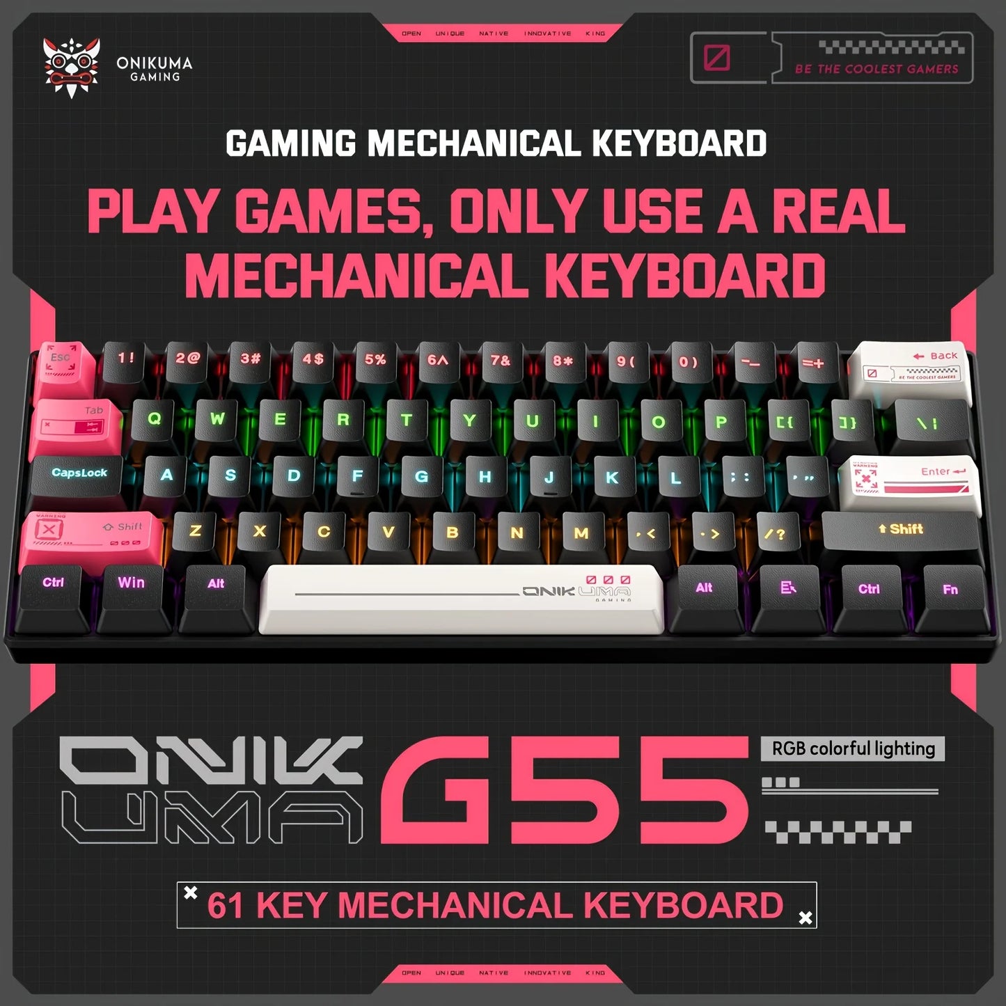 ONIKUMA G55 Mechanical Gaming Keyboard 61 Keys Layout RGB Customized Wired Colorful LED Backlit Keyboard for Compute Laptop PC