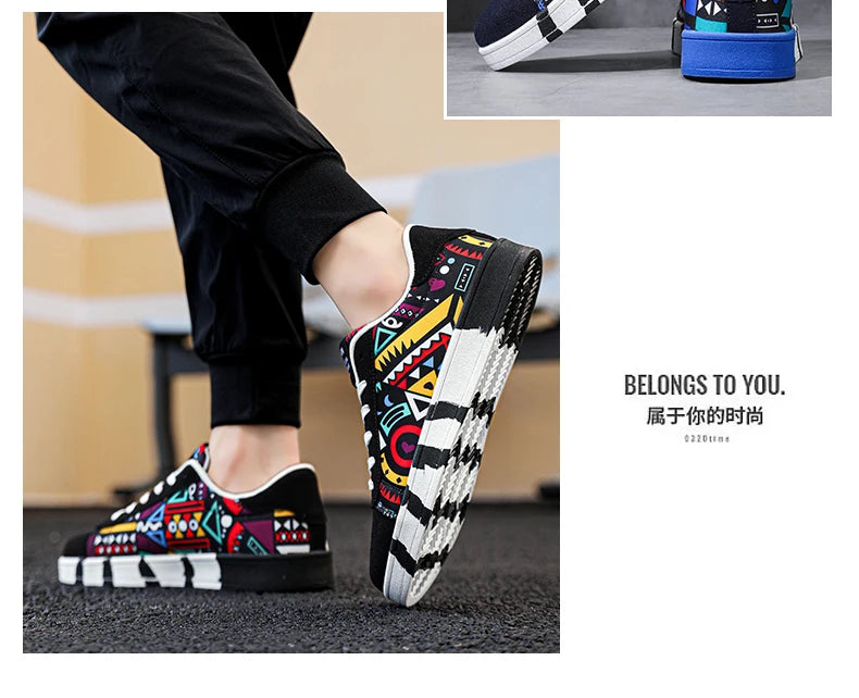 YRZL Scarpe sportive da running da uomo in tela con stile geometrico, sneakers stringate, scarpe da skate da uomo alla moda per coppie con stampa graffiti