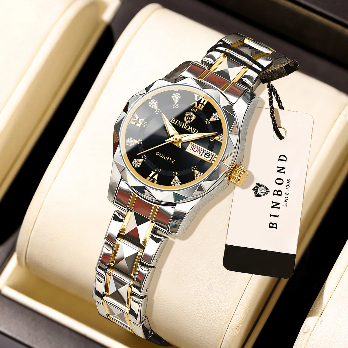 BINBOND ladies’ watch: a robust, luxurious, luminescent and water-resistant quartz watch, featuring an accurate date and day-of-the-week display.