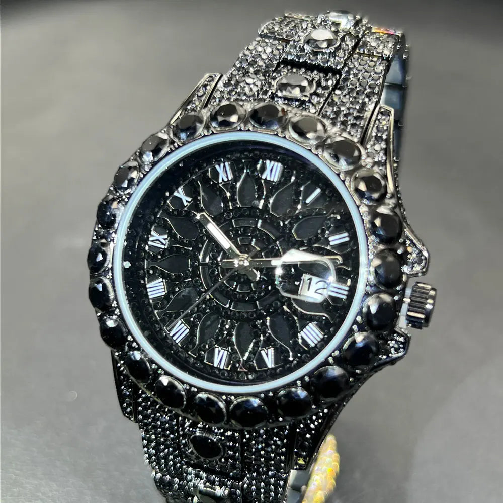 MISSFOX Fashion lced Out Silver Mens Watch Luxury Calendar Waterproof Watch For Man Hip Hop High Quality Big Diamond Wristwatch