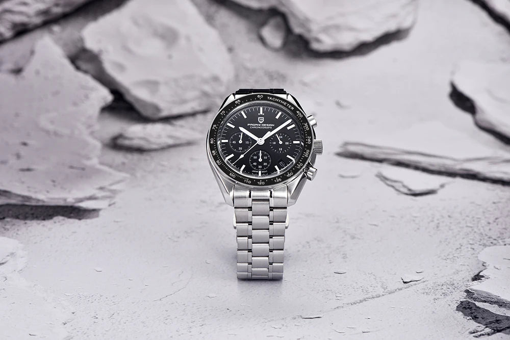Montre pour homme PAGANI DESIGN « New Moon » – Montre à quartz de luxe, chronographe, verre saphir avec traitement antireflet, lunette en céramique, aiguilles luminescentes