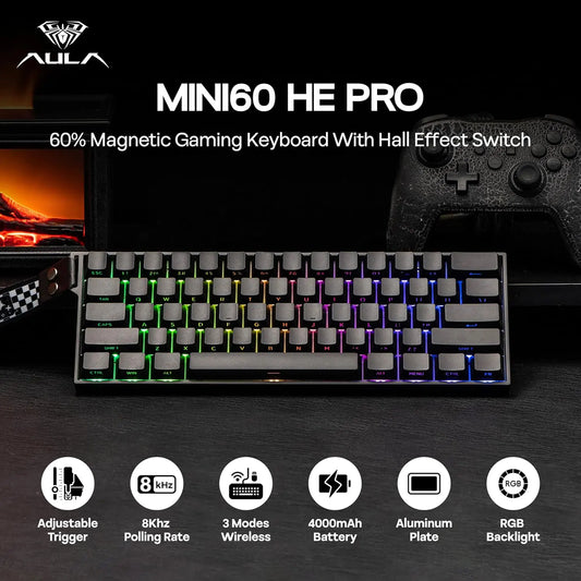 Teclado mecánico inalámbrico AULA Mini60 HE/Pro/Max 60% con interruptores magnéticos RGB, trimodo, 8000Hz, 0.01mmRT para PC, regalos para gamers
