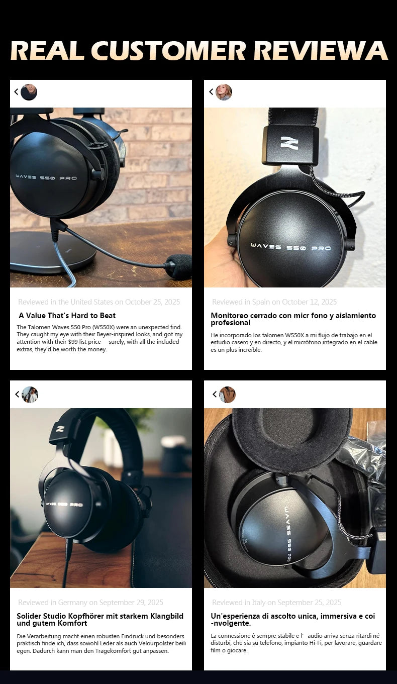TALOMEN W550x Studio-Kopfhörer – Professionelle kabelgebundene Over-Ear-DJ-Monitor-Kopfhörer mit 50mm Treibern und abnehmbarem Kabel
