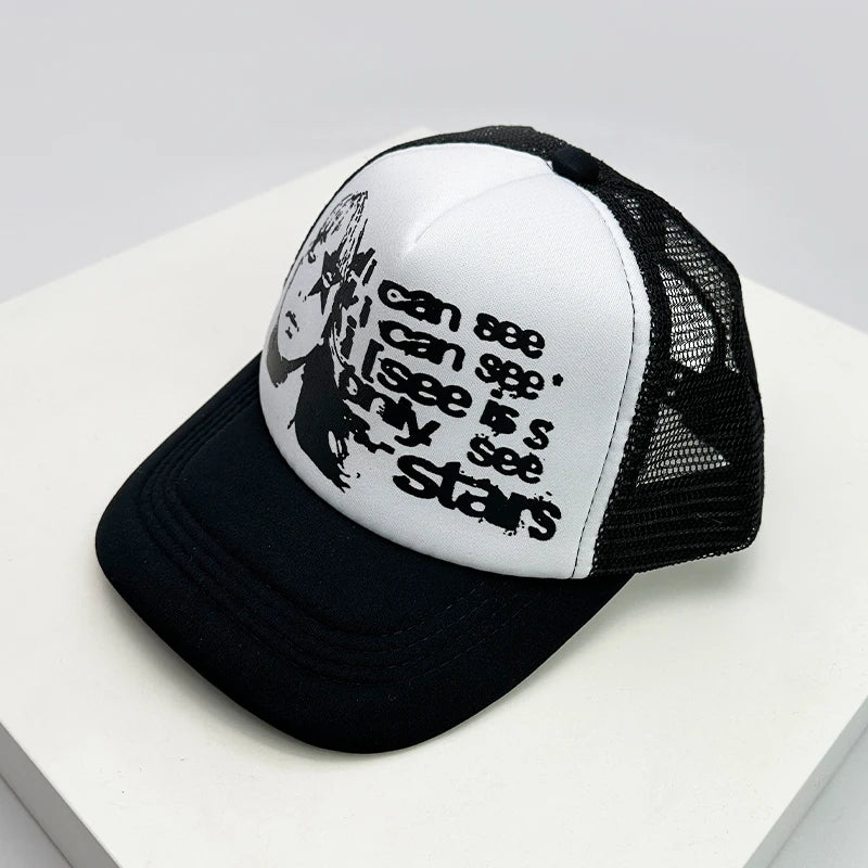 Kšiltovky ve stylu amerických kšiltovek s potiskem Cruise Anime New Letter Mesh Trucker – sluneční, prodyšné baseballové kšiltovky pro muže i ženy, univerzální módní kousek