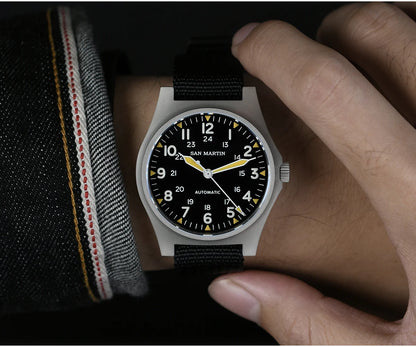 San Martin Pilot Watch 38mm NH35 Retro Military Automatic Mechanical Wristwatch Bead Blasted Case Waterproof 100m SN0137