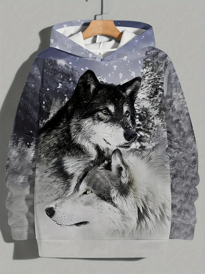 European and American Men's Autumn Fashion Wolf Print Soft and Comfortable Hooded Sweatshirt Outdoor Urban High Street Clothing