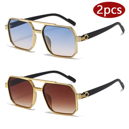 2pcs Trendy Metal Polygonal Pilot Women Sunglasses Luxury Double Beam Men Sunglass Outdoor Driving Shade Sunglasses Unisex UV400