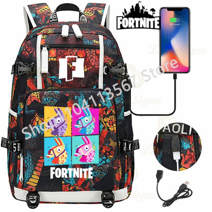 Red Jade F-Fortnited Battle Royale Backpack with USB Charging Anime Figures Study Stationery Compartment for Students Mochila