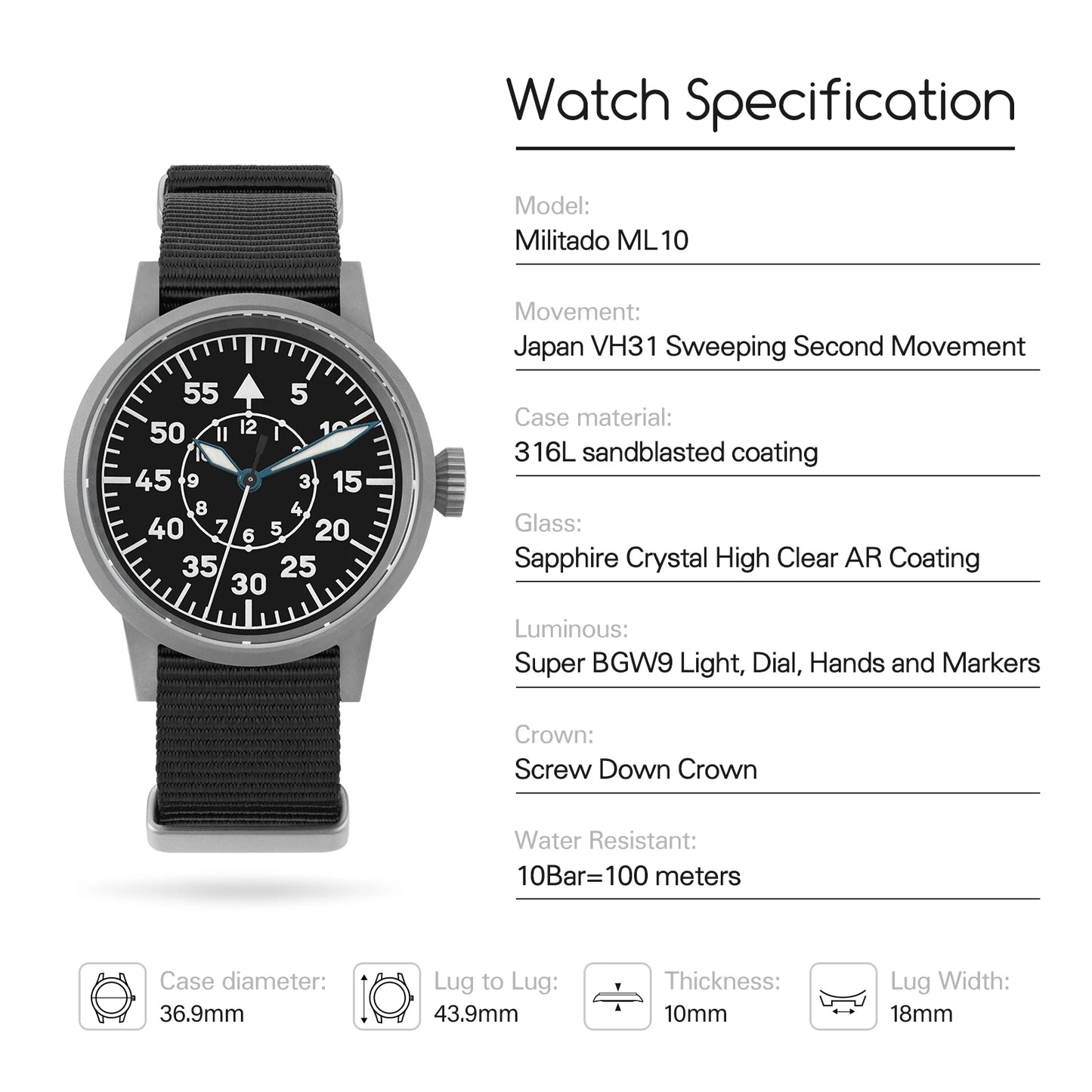 militado ML10 Quartz Watch VH31 Sweeping Second Movement 316L sandblasted coating Sapphire BGW9 Luminous 100m Waterproof Watch