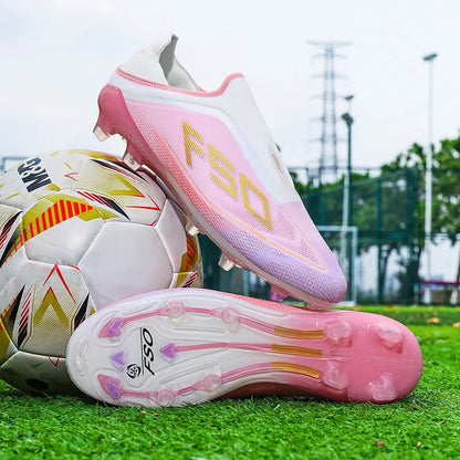 Novas chuteiras de futebol para homem, sapatilhas de futsal para exterior, jogo em relva, antiderrapantes, calçado de futebol de alta qualidade com pitões, best-seller, cano alto, leve