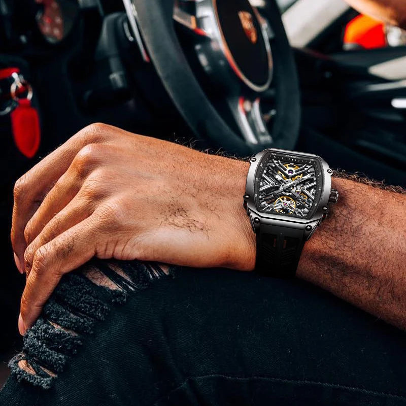 STARKING Men's Waterproof Sports Mechanical Watches Wear-resistant Silicone Strap Automatic Watch Luminous Tonneau Luxury Watch
