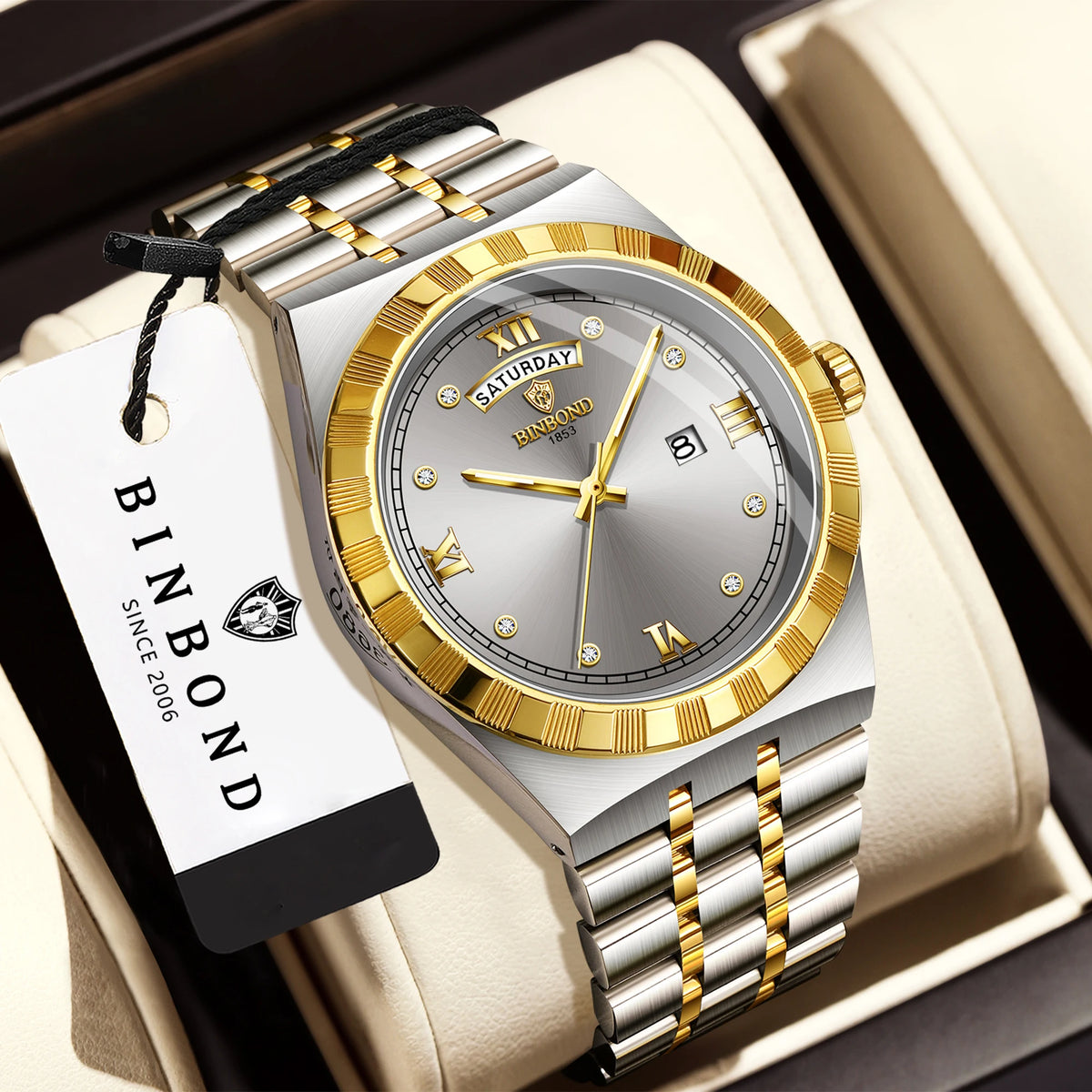 Montre pour homme de la marque originale BINBOND – Montre-bracelet à quartz, modèle de luxe, étanche et luminescent.