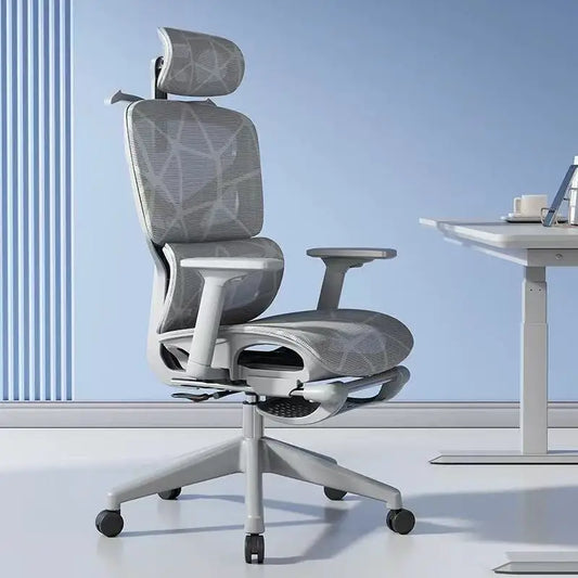 Justerbar ergonomisk kontorsstol i mesh, ventilerande datorstol med hög rygg, 6D-ländryggsstöd och utdragbart fotstöd