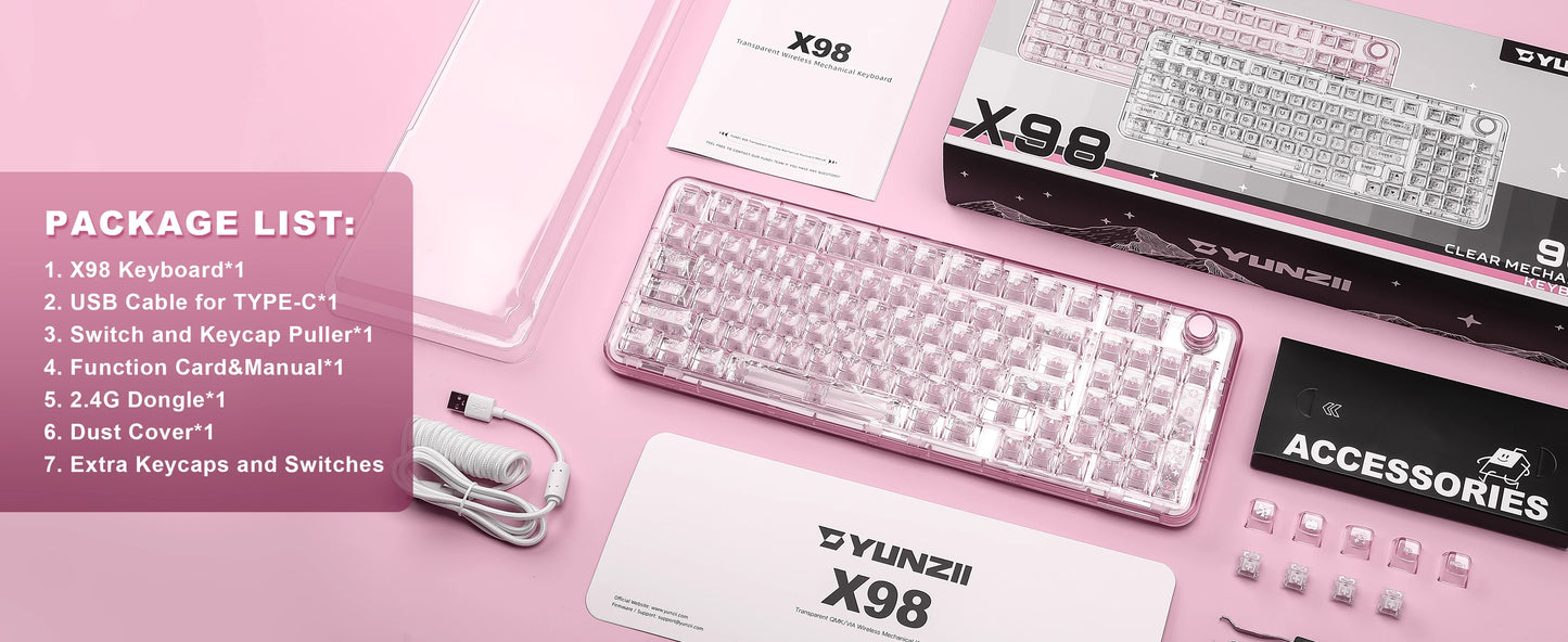 YUNZII X98 Pink QMK/VIA Wireless Transparent RGB Keyboard, Hot-Swap Gasket Mechanical Gaming Keyboard, Pre-lubed Knob Keyboard