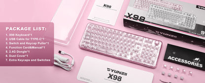 YUNZII X98 Pink QMK/VIA Wireless Transparent RGB Keyboard, Hot-Swap Gasket Mechanical Gaming Keyboard, Pre-lubed Knob Keyboard