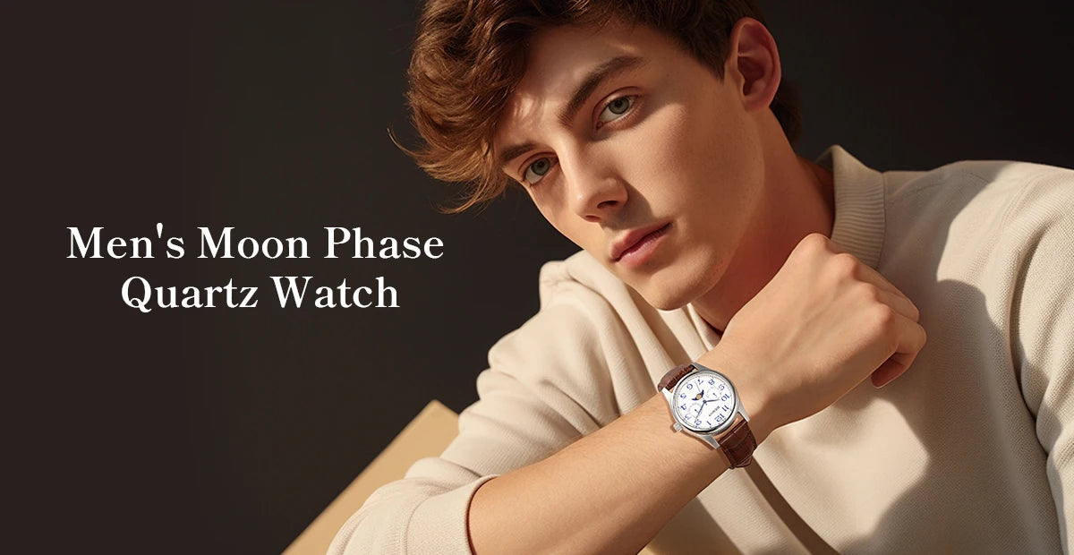 BERNY Watches for Men Moon Phase Quartz Men's Watch Day and Date Calendar Easy Read Vintage-Style Business Dress Wristwatch