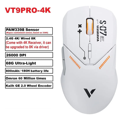 Ratón gaming inalámbrico Rapoo VT9PRO PAW3398 68g, con cable, programable, ergonómico, 26000DPI, recargable Type C, accesorio para PC gamer