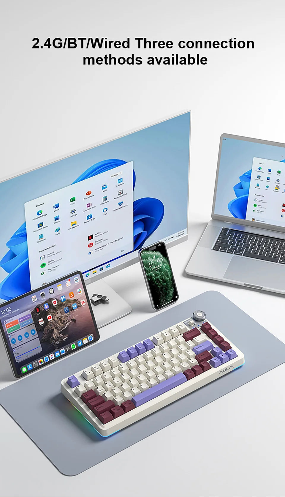 Teclado mecânico gaming esports AULA AU75, três modos, 81 teclas, teclas PBT, hot-swappable, RGB, teclado sem fios para PC desktop e escrita