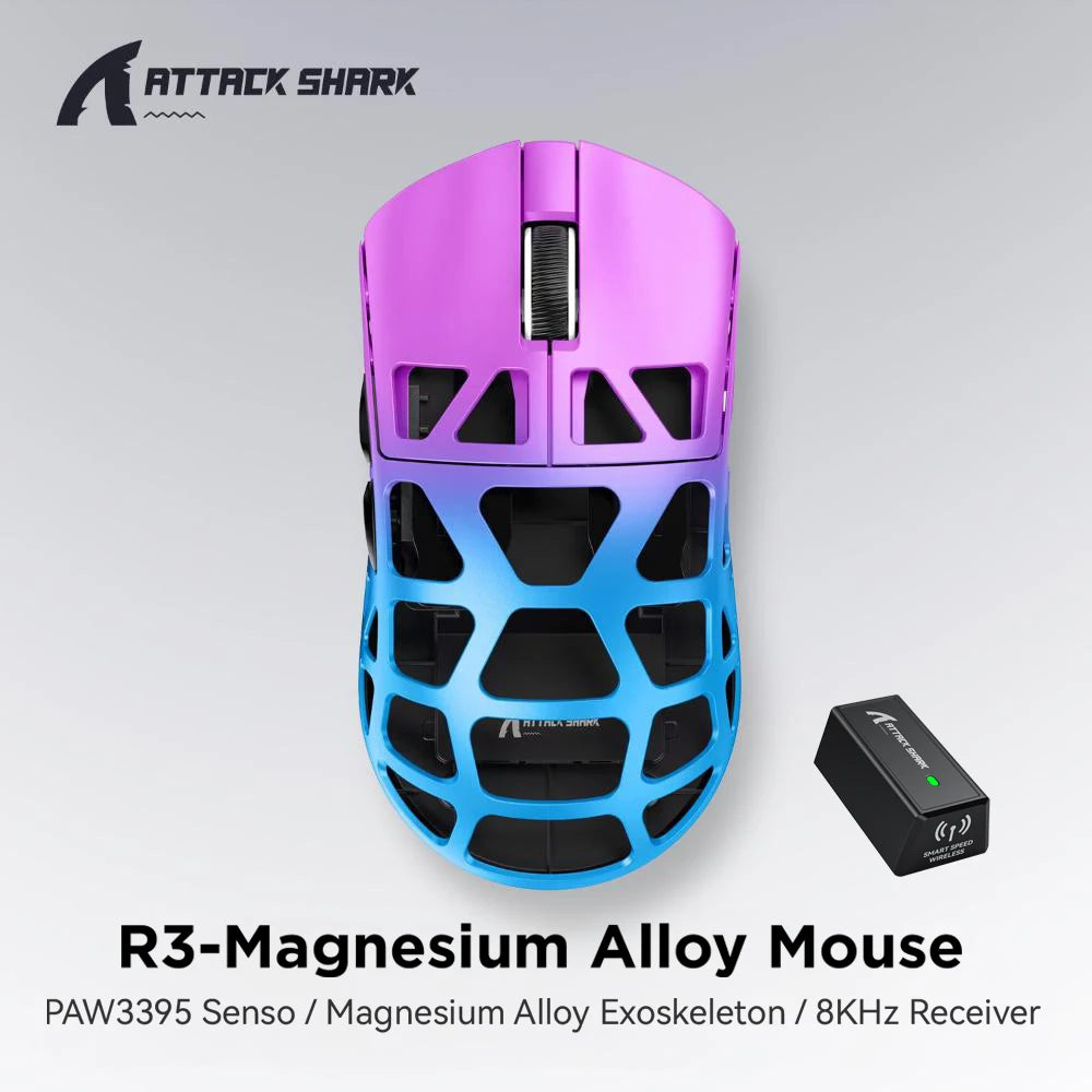 ATTACK SHARK R3 gamingmus i magnesiumlegering med bikakestruktur, ultralätt 8K Hz, PAW3395-sensor, 26000 DPI, ergonomiskt skal