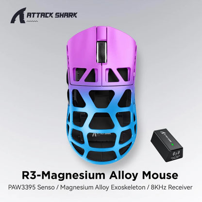 ATTACK SHARK R3 gamingmus i magnesiumlegering med bikakestruktur, ultralätt 8K Hz, PAW3395-sensor, 26000 DPI, ergonomiskt skal
