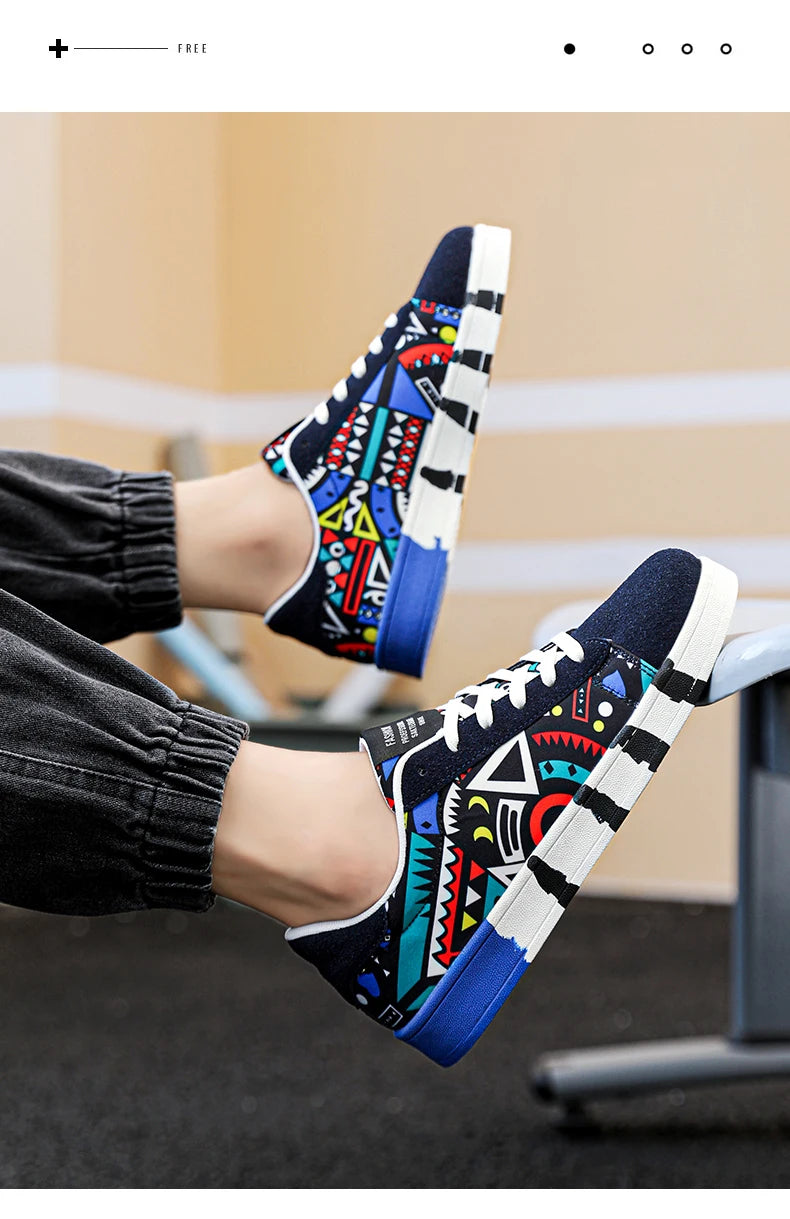 YRZL Scarpe sportive da running da uomo in tela con stile geometrico, sneakers stringate, scarpe da skate da uomo alla moda per coppie con stampa graffiti