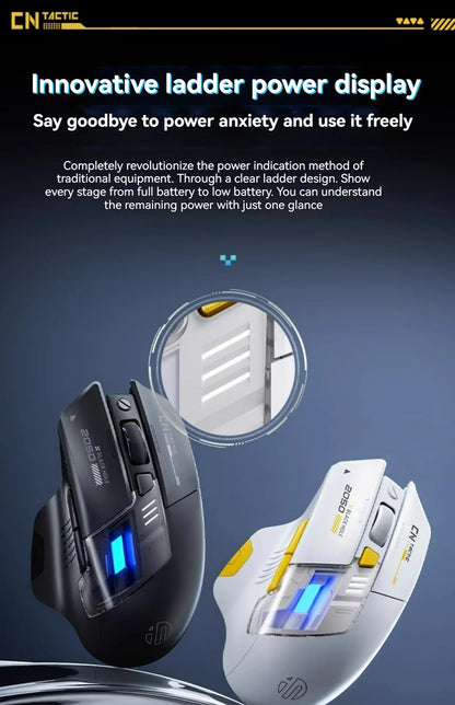 Mouse da gioco Inphic A9 Pro tri-mode, indicatore di alimentazione con guida luminosa colorata, DPI regolabili, macro driver, ergonomico, 12800DPI