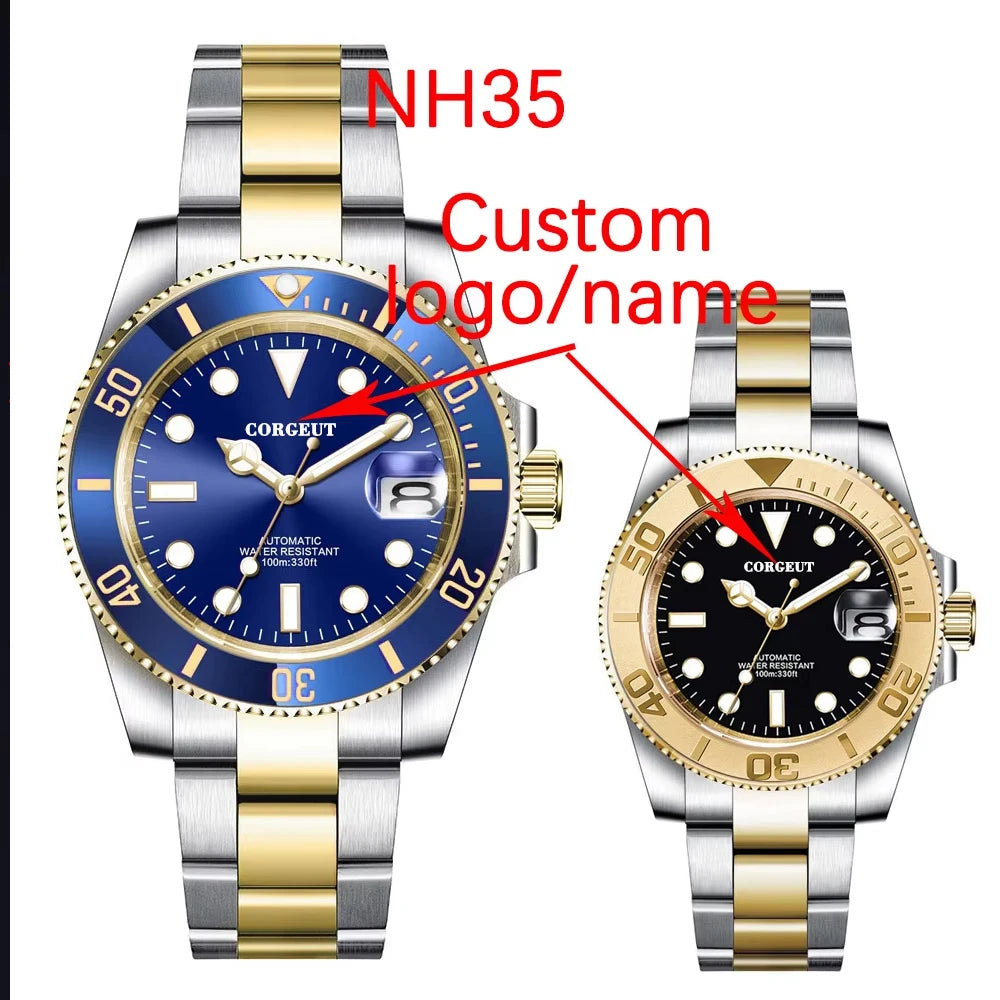 Custom logo NH35 MIYOTA 8215 Automatic Men Watch Luxury Diver Two Tone Gold 316L Stainless Steel Sapphire 10ATM Sterile Sunburs