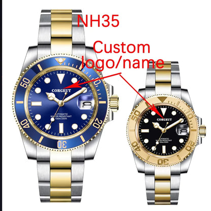 Custom logo NH35 MIYOTA 8215 Automatic Men Watch Luxury Diver Two Tone Gold 316L Stainless Steel Sapphire 10ATM Sterile Sunburs