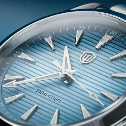 „Watchdives“ laikrodis WD0006, mechanizmas VH31 su sklandžiai veikiančia sekundės rodykle, išgaubtas safyro stiklas, švytinti danga BGW9, atsparus vandeniui iki 10 barų, 38 mm, klasikinis stilius