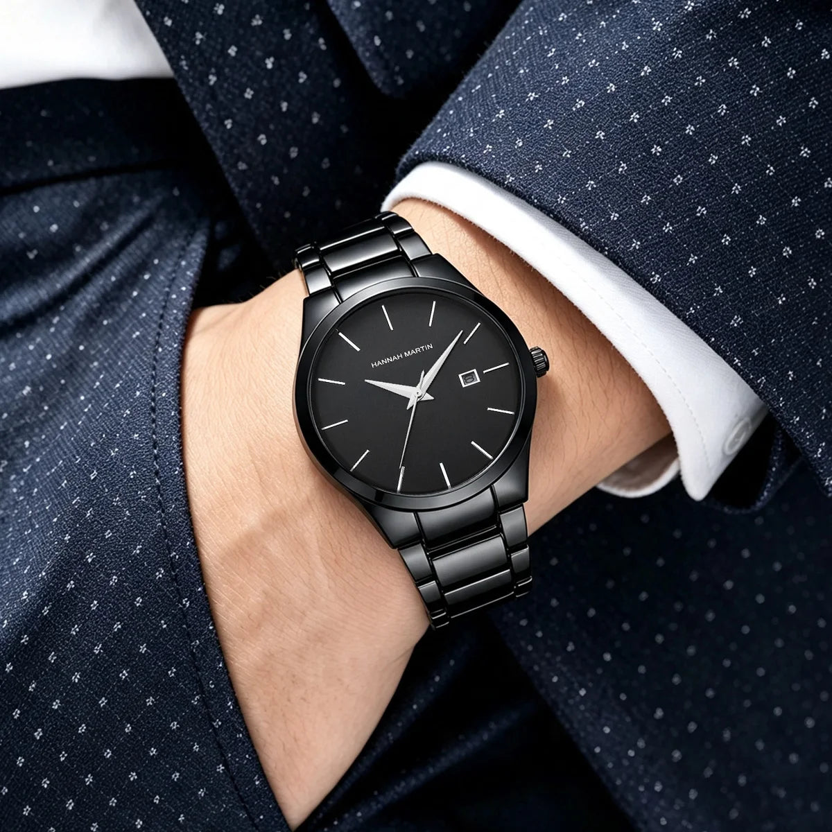 Hannah Martin men’s watch, stainless steel case, quartz movement, 41 mm dial, business style, with calendar display (imitation)