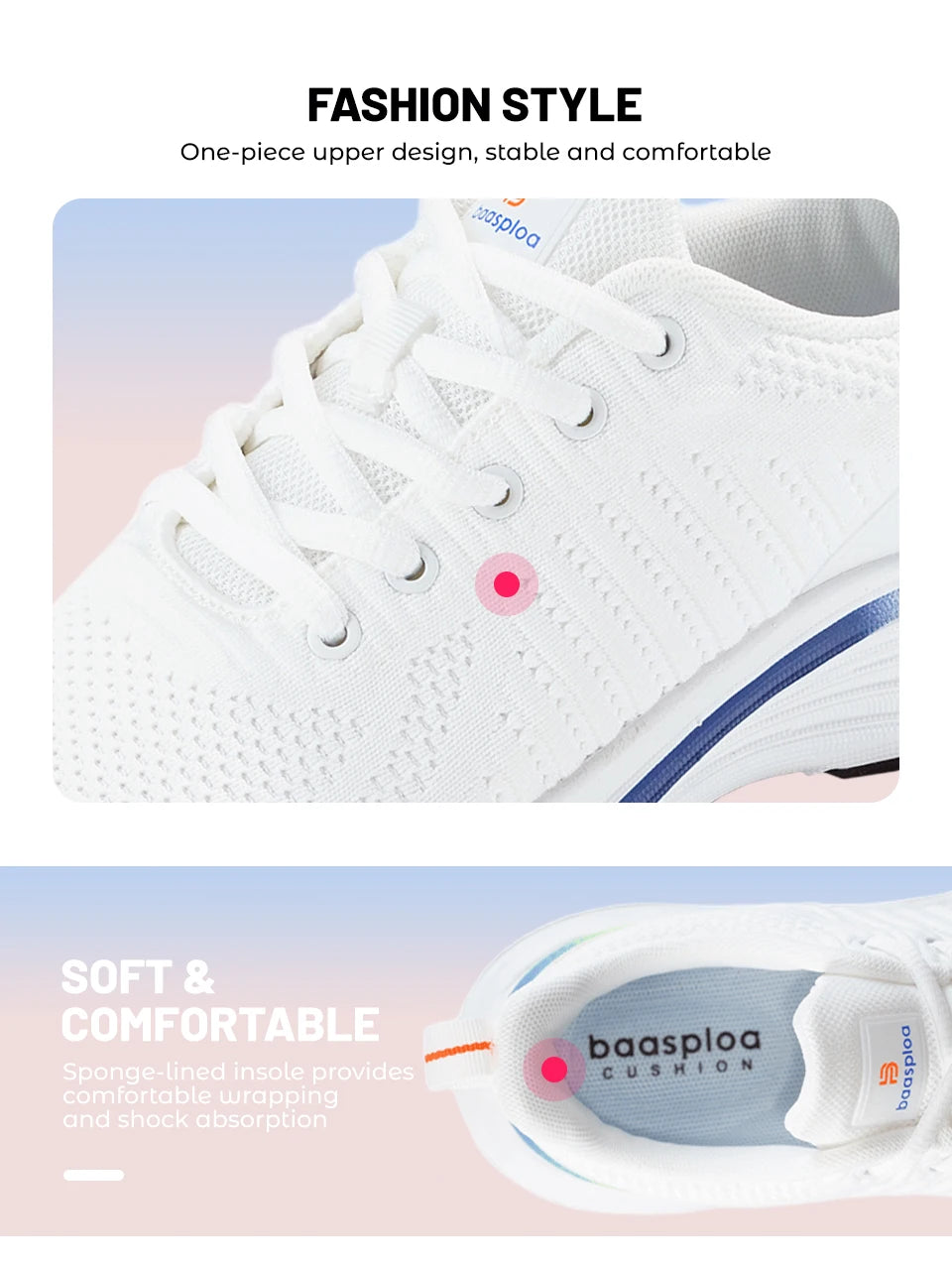 Baasploa Women Sport Shoes Comfort Lightweight Running Shoes for Women Mesh Breathable Casual Sneakers White Walking Sneakers