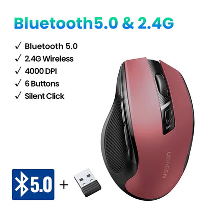 Ratón inalámbrico UGREEN Bluetooth 5.0 ergonómico, 4000DPI, 6 botones silenciosos, para MacBook, tabletas, portátiles, ordenador PC, 2.4G