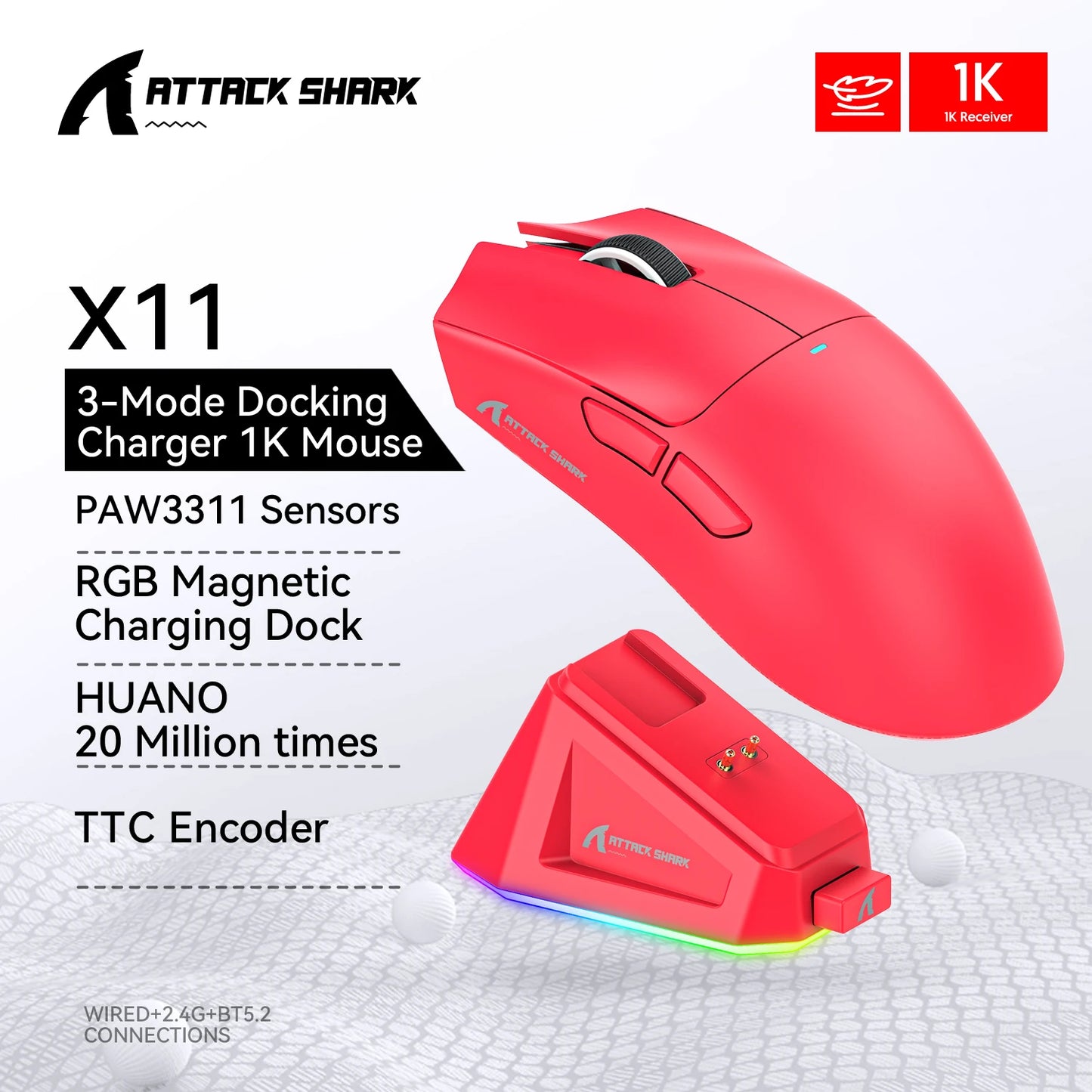 ATTACK SHARK X11 SE Wireless Gaming Mouse 22000 DPI,PixArt PAW3311 Sensor,BT/2.4G/Wired,59g Lightweight,2000W Clicks