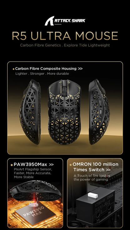 ATTACK SHARK R5 Ultra Carbon Fiber brezžična gaming miška, gaming senzor PixArt PAW3950MAX, 42000DPI, 8000Hz, MCU Nordic 52840