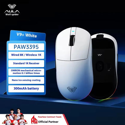 Aula V9 Ultra безжична e-sports гейминг мишка Double 8k 3mode PAW 3950 8k 55g, лека ергономична мишка, персонализиран аксесоар за PC