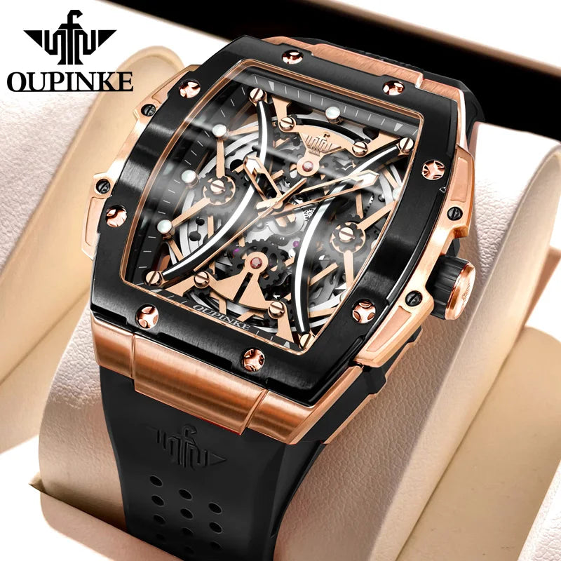 OUPINKE Herrenuhr – klassische Luxus-Armbanduhr mit Tonneau-Zifferblatt, Original-Topmarke, automatische mechanische Uhr, Silikonarmband, Saphirglas, neu