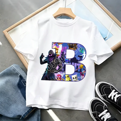 Μπλουζάκι Fortnite με στάμπα αλφαβήτου A-Z για παιδιά, καλοκαιρινό, λευκό, δημοφιλές cartoon game, casual κοντομάνικο τοπ μόδας, ιδανικό για δώρο
