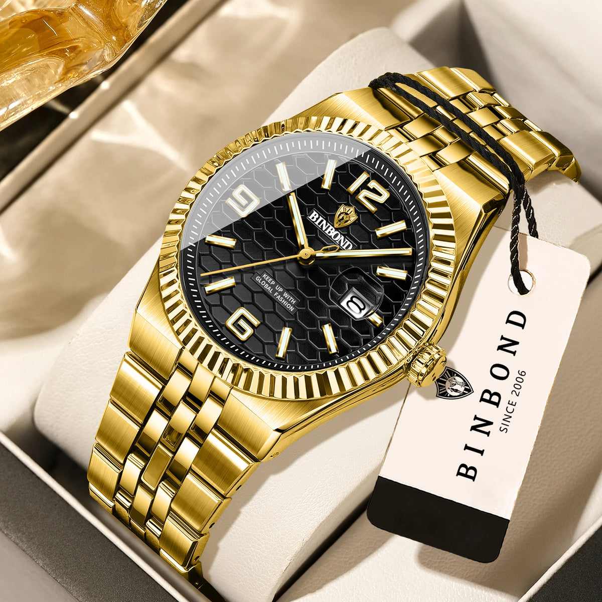 BINBOND luxury quartz wristwatch, luminous, water-resistant, automatic date, for men, stainless steel, business, sport, fashion and casual styles.