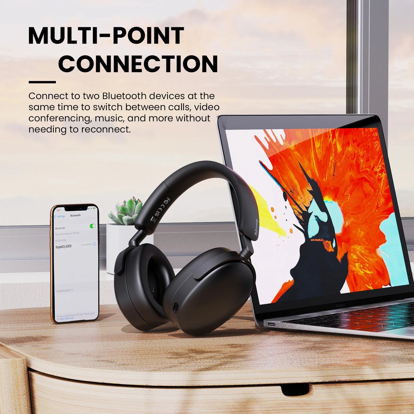 Oneodio SuperEQ A200 kabellose Bluetooth 5.4 ANC-Kopfhörer – Over-Ear-Noise-Cancelling-Headset mit ENC-Mikrofon, Hi-Res Audio & App-Steuerung