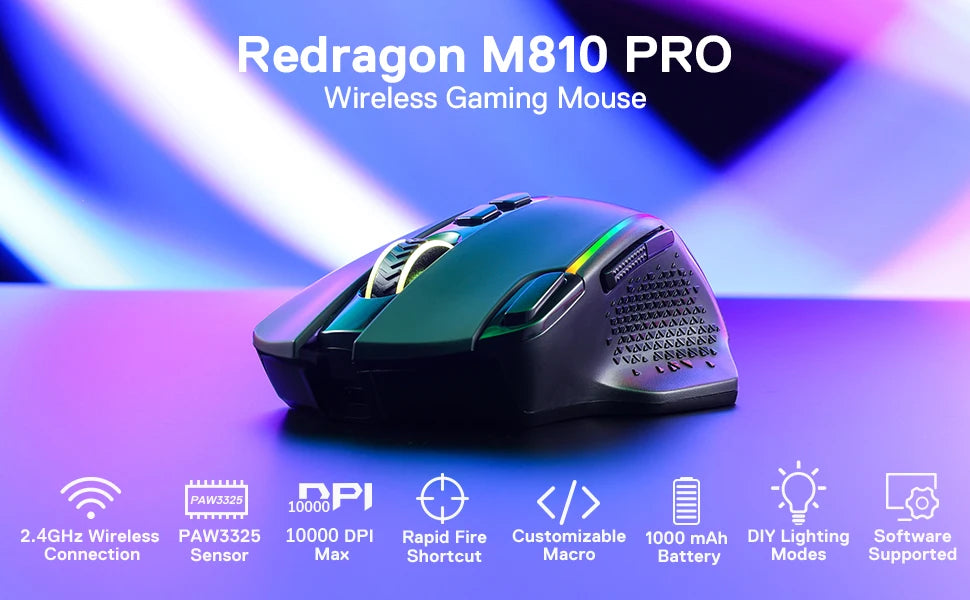 Redragon M810 Pro безжична геймърска мишка, 10000 DPI жична геймърска мишка с бутон Rapid Fire, 8 макро бутона, черно-бяла мишка