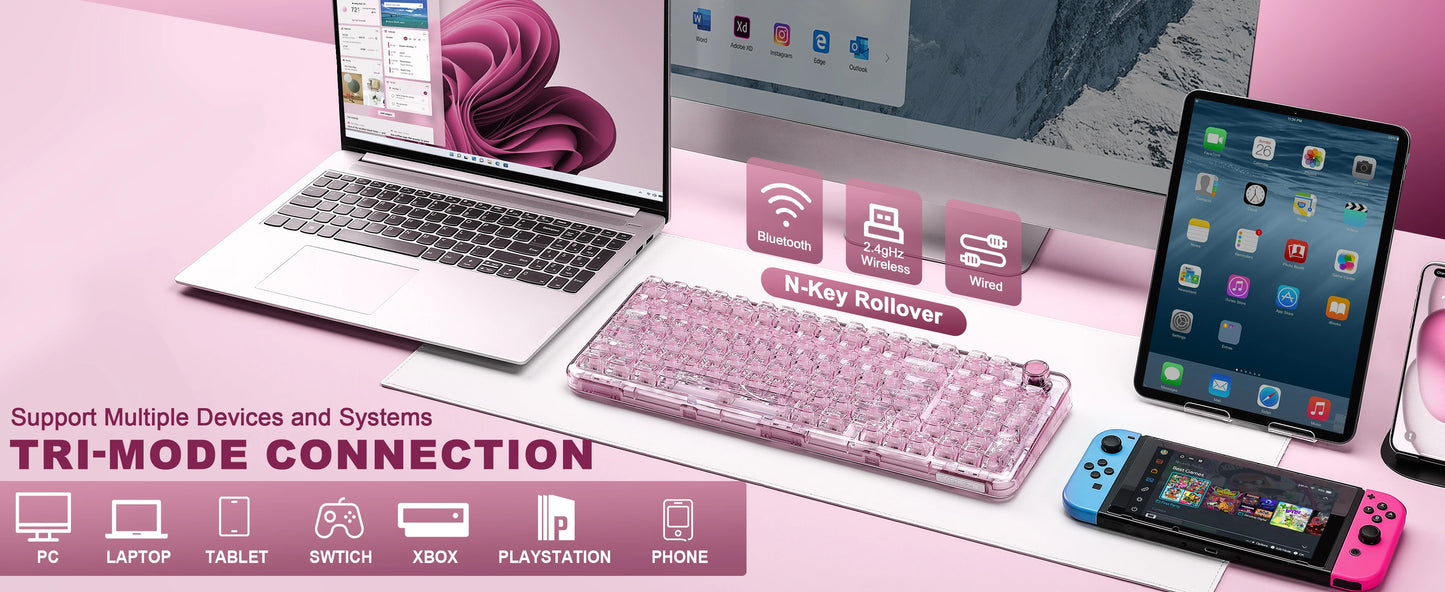 YUNZII X98 Pink QMK/VIA Wireless Transparent RGB Keyboard, Hot-Swap Gasket Mechanical Gaming Keyboard, Pre-lubed Knob Keyboard