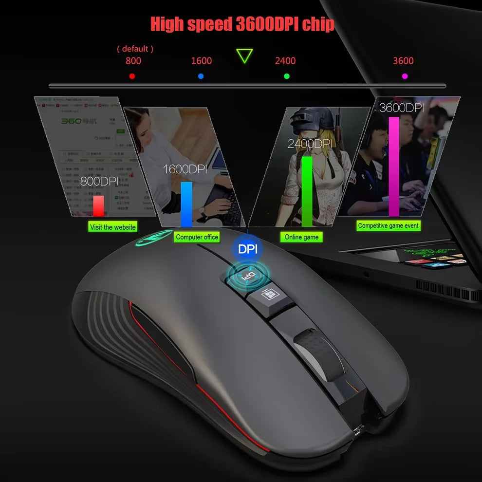 Ratón inalámbrico USB recargable para diestros, con Type-C, para portátil y ordenador, clic silencioso, retroiluminado, ratón gaming 3600cpi