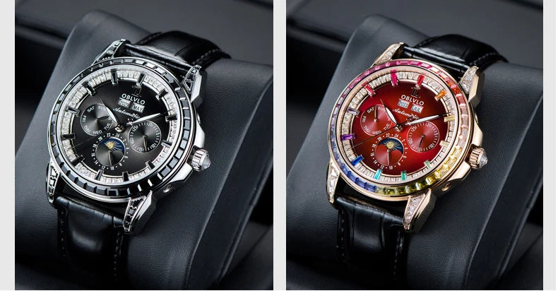 OBLVLO Men's Automatic Watch 40mm Mechanical Wristwatch 5ATM Luminous Crystal Bezel Year, Month, Week, Date, 24 Hours TY1655 Movement
