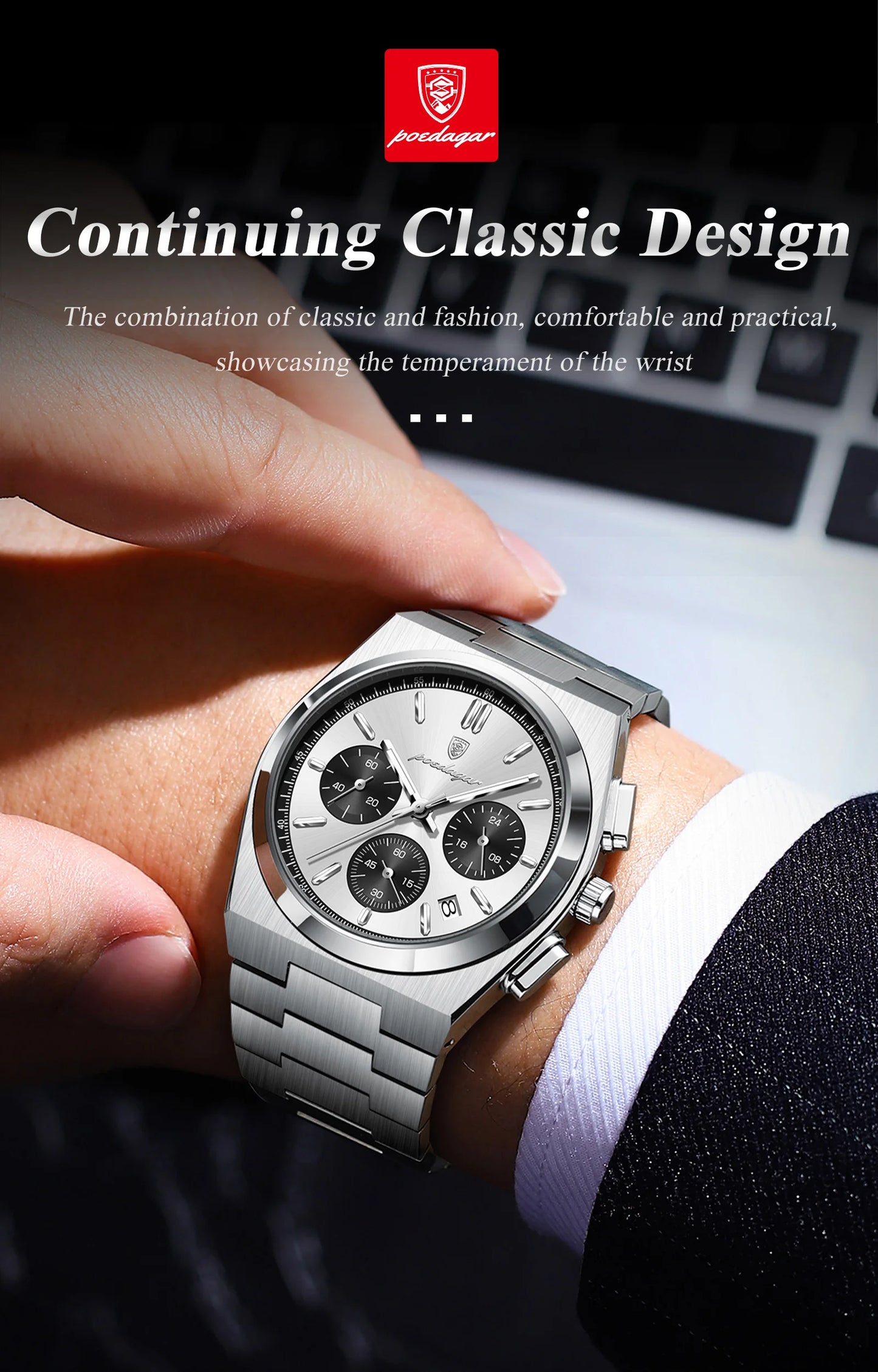 POEDAGAR Luxury Men's Watch Chronograph Date Stainless Steel Casual Man Clock Waterproof Luminous Fashion Quartz Watches For Men