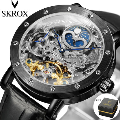 Pánske mechanické automatické náramkové hodinky SKROX, skeletový model s funkciou GMT, fázami mesiaca a tourbillon – luxusné hodinky najvyššej triedy, elegantné a originálne.