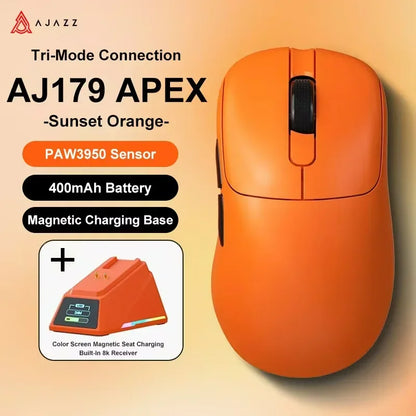 Ασύρματο Gaming Ποντίκι Ajazz AJ179 APEX με Βάση Έγχρωμης Οθόνης, Bluetooth, PAW3395, Μπαταρία 400mAh, Ρυθμός Ανανέωσης 8000Hz