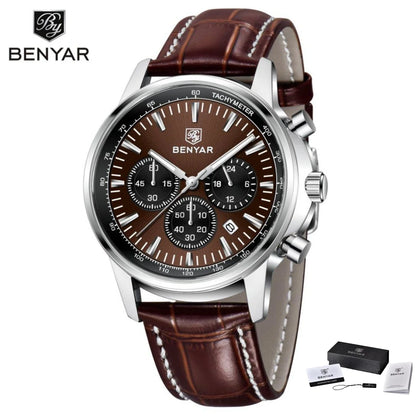 Montre de luxe pour homme Benyar – Chronographe avec date, bracelet en cuir, étanche, luminescente, style sportif et militaire, montre à quartz